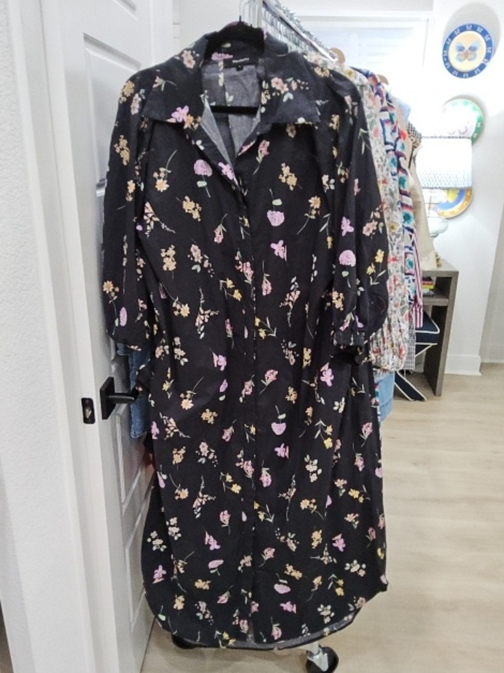 Beulah Black Floral Shirt Dress with Pink & Yellow Blossoms
